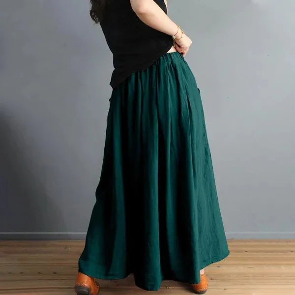 Saia solta em estilo artístico retrô, algodão e linho, cintura elástica, combinação de cores, corte A, modelagem. — foto 11