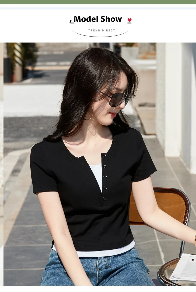 Contrast Slimming Cotton Comfortable Refined Younger Short Sleeve T-shirt — photo 5