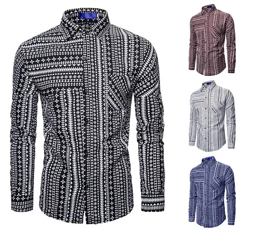 Title 3, Striped Print Lapel Long Sleeve Shirt