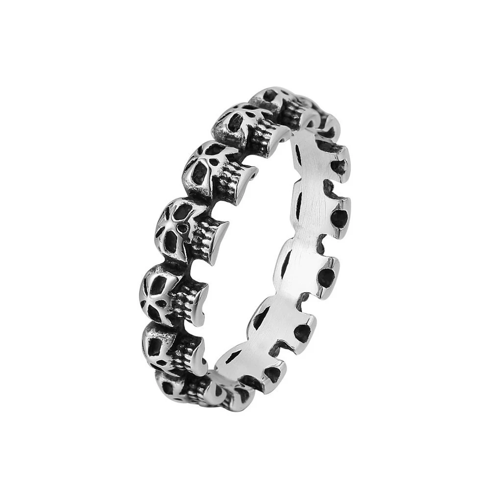 Anel de aço titânio masculino com caveira punk retrô, resistente e estiloso para homens que buscam uma atitude autêntica e marcante. — foto 7