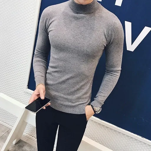 Title 5, Solid Color Korean Slim Fall Half Turtleneck Sw...