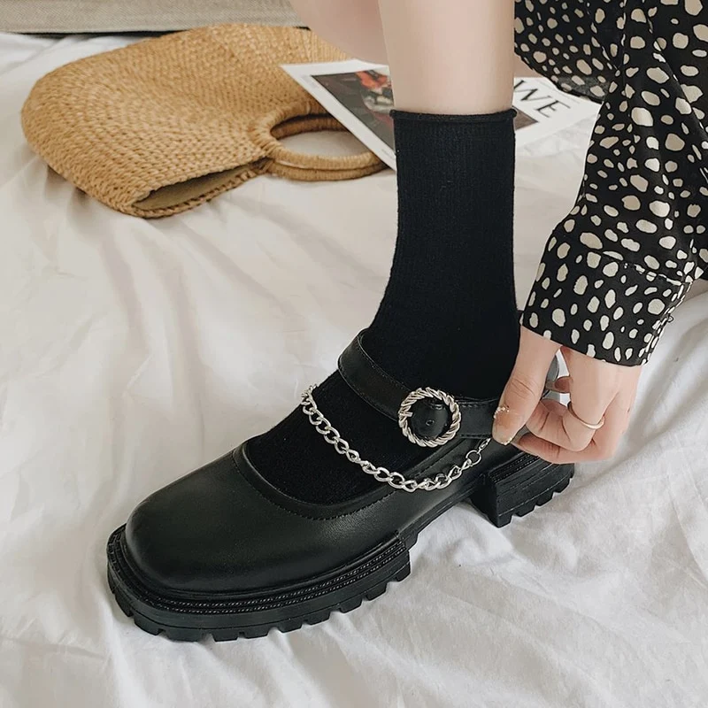 Rimocy Black PU Leather Metal Chain Chunky Mary Janes Shoes Women Autumn Square Heels Ankle Strap Platform Pumps for Wom — photo 6