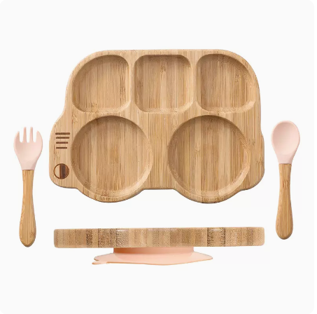 Bamboo and Wood Children's Suction Cup Tableware set for mess-free mealtimes, non-slip design, safe and durable for babi — photo 1
