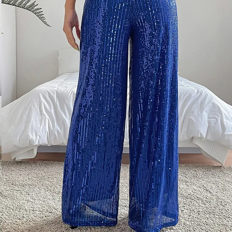 Calças casuais de cintura alta com lantejoulas, soltas e com caimento fluído. Perfeitas para um look confortável e moderno. — foto 29