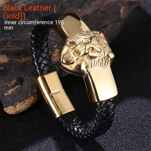 Pulseira de cabeça de leão, aço inoxidável titânio e corda de couro. Design forte e durável. Acessório elegante para homens que buscam estilo. — foto 8