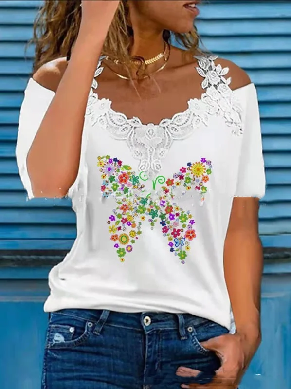 Title 5, V Neck Lace Shoulder Drain Short Sleeve Casual ...
