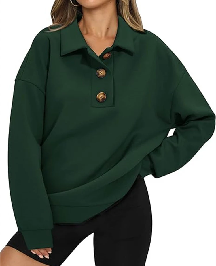 Title 3, Solid Color Polo Collar Loose Long Sleeve Sweat...