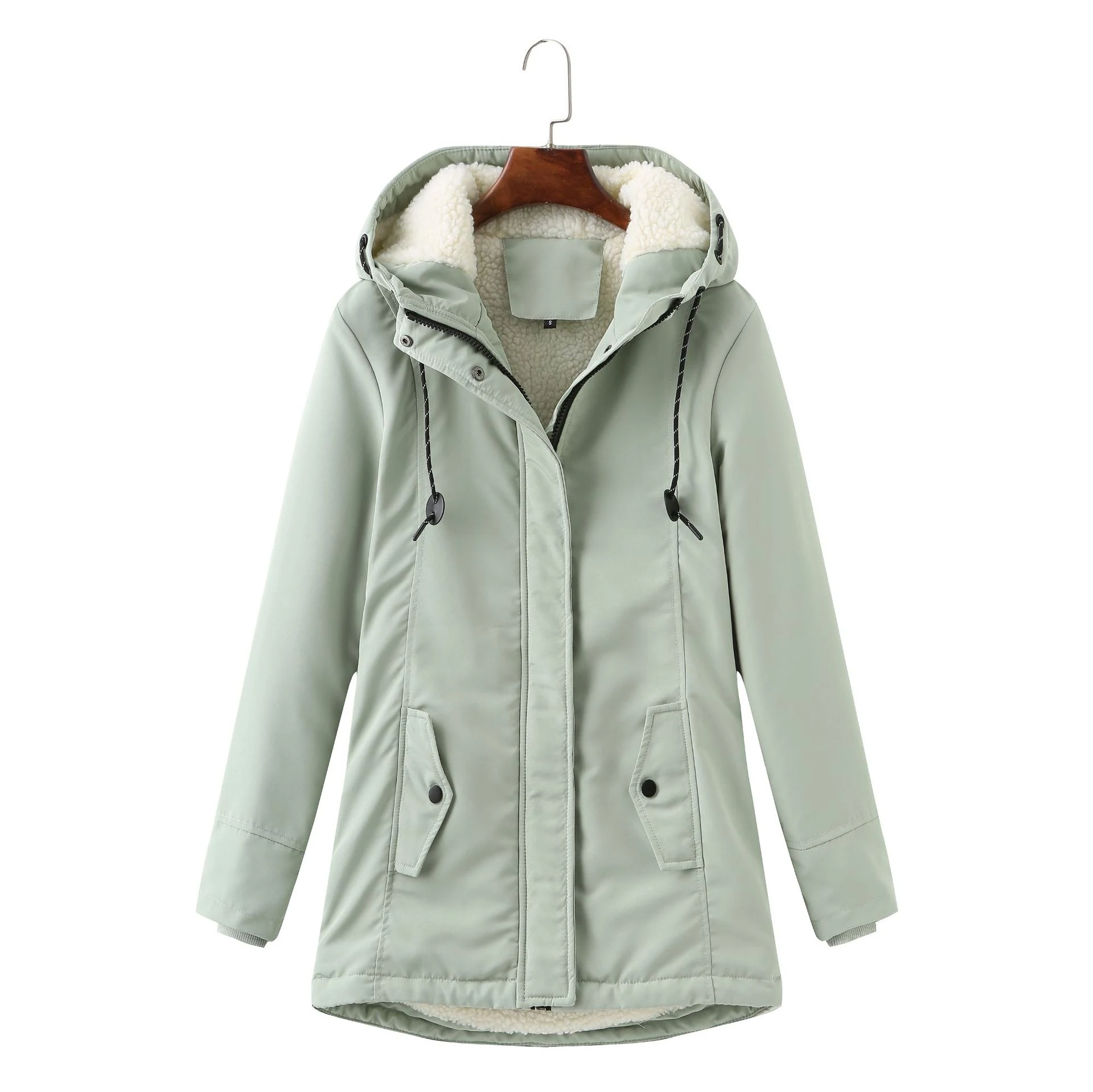Parka donna con cappuccio in lana d'agnello taglia europea, cappotto invernale caldo imbottito in cotone, vita regolabile — foto 12