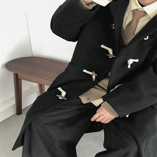 Title 3, Casaco Trench Coat Japonês Retrô com Chifre Pre...