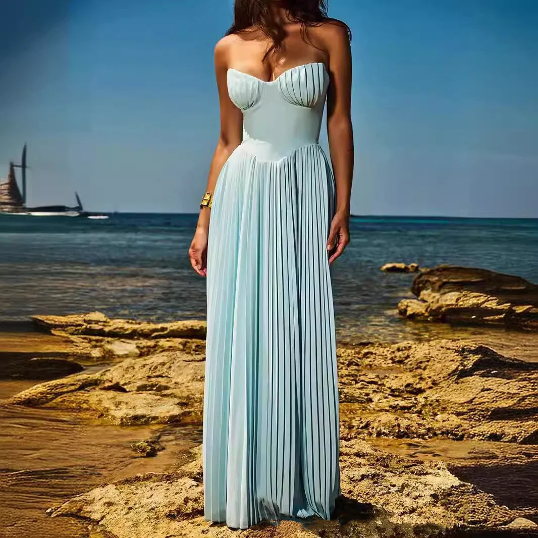 Title 2, Blue Strapless Slimming Pleated Tight Dress