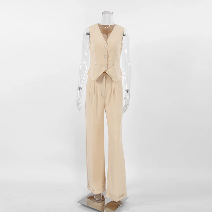 Terno de colete e calças sem mangas em algodão e cânhamo. Conforto e estilo para o verão. Tecido respirável, ideal para climas quentes. Perfeito para uso casual. — foto 1