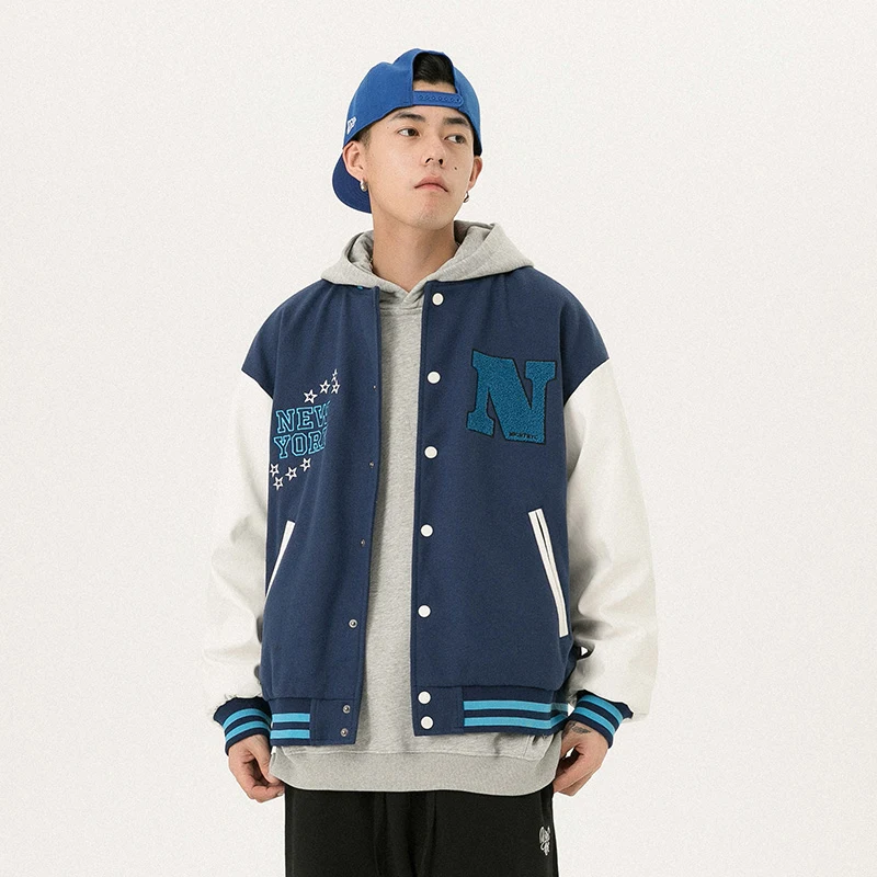 Jaqueta camisa de baseball retrô de lã masculina, uniforme esportivo. Casaco quente para um estilo vintage, ideal para o frio e um visual estiloso. — foto 1