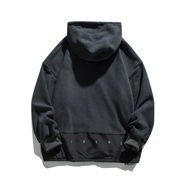 Moletom com capuz de fleece polar liso, bordado e costuras retrô. Conforto e estilo vintage para o inverno, aqueça-se com ele. — foto 2