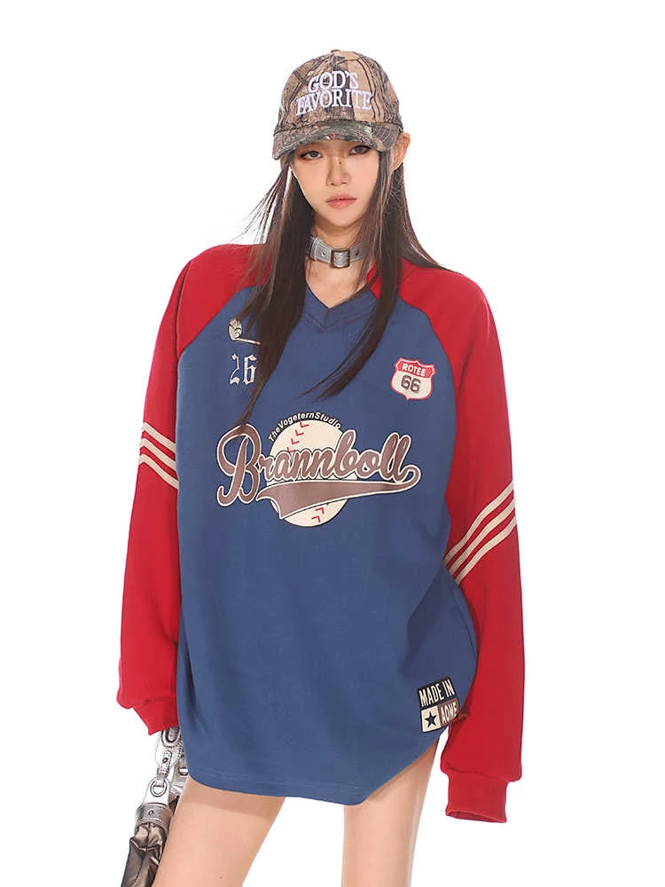 American Sports Style Baseball Vintage Print College V-Ausschnitt Sweatshirt Damen — foto 2