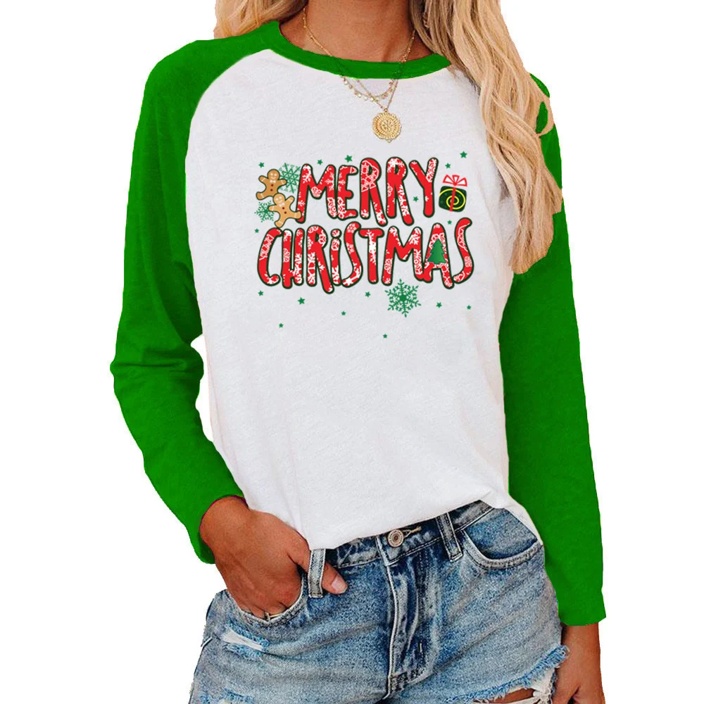 T-shirt da donna a maniche lunghe a contrasto di colore raglan stampato con motivo natalizio — foto 6