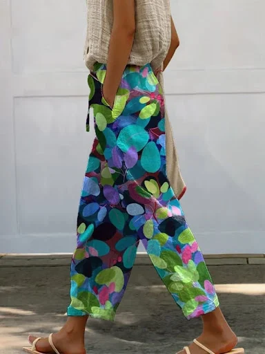Title 2, Digital Flower Printing Rag-eared Casual Pants ...