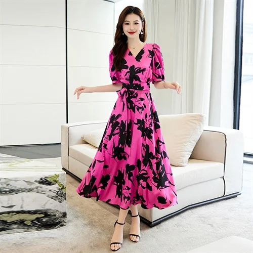Title 3, Fashion V-neck Printed Short Sleeve Dress Women