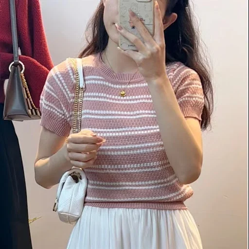 Title 3, Short Sleeve Classic Style Striped Sweater Thin...