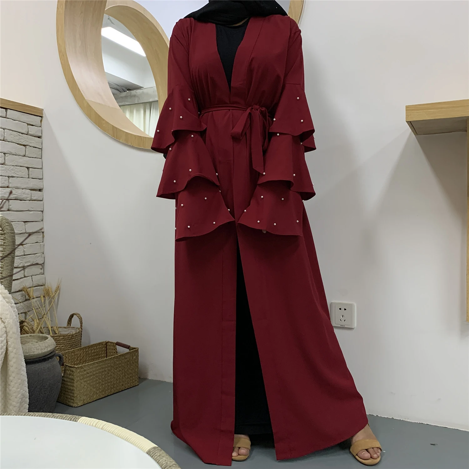 Title 8, Muslim Fashion Bead Flare Sleeve Tie-neck Cardigan