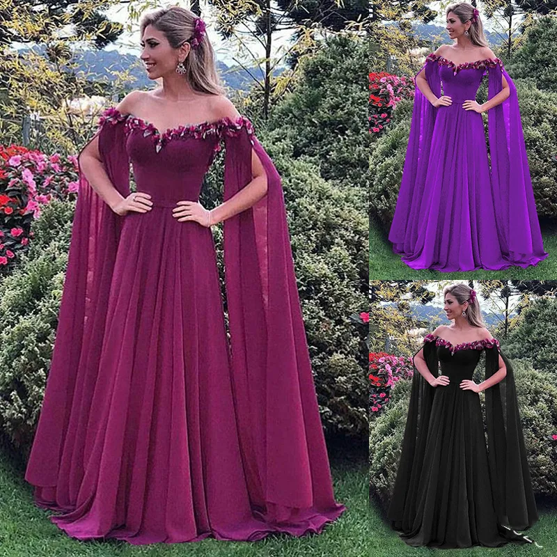 Vestido de gasa de color sólido de cintura alta con mangas de cuello en un solo hombro, ideal para ocasiones especiales y un look elegante. — foto 4