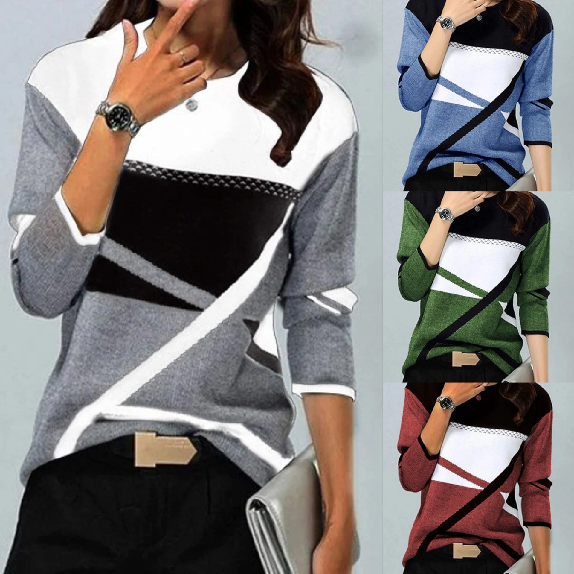 Camiseta de manga comprida com gola redonda, estampa de posicionamento e cor contrastante, perfeita para um visual moderno e estiloso. — foto 5