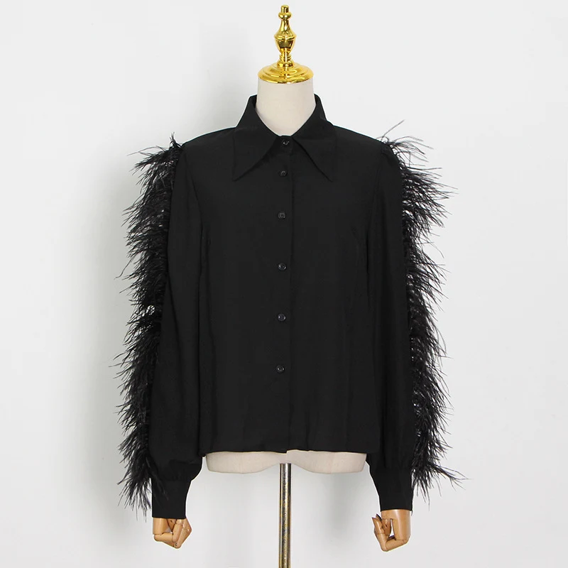 Title 6, Lapel Long Sleeve Ostrich Hair Panel Shirt