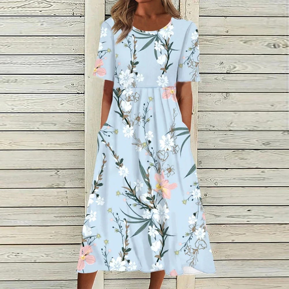 Title 5, Casual Floral Round Neck Mid-length Short Sleev...