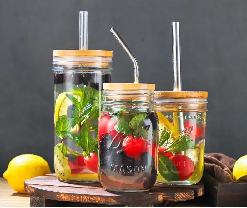 Title 5, Glass Bottle Mason Drinking Cup with Straw Hole...