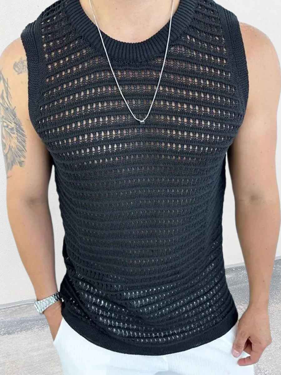 Solid Color Slim Sleeveless Hollow Knitted Vest. A versatile and stylish layering piece for a chic and comfortable summe — photo 6