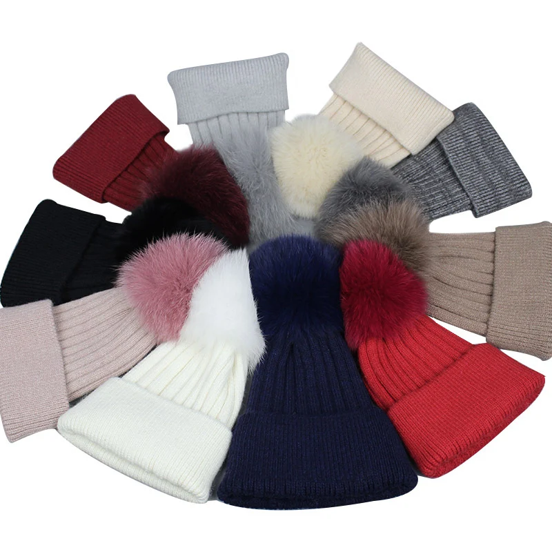 Title 13, Fox Fur Warm Winter Hat With Ball for Women Chi...