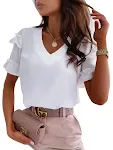 Camicia semplice da donna con scollo a V a maniche corte arricciata in colore puro — foto 5
