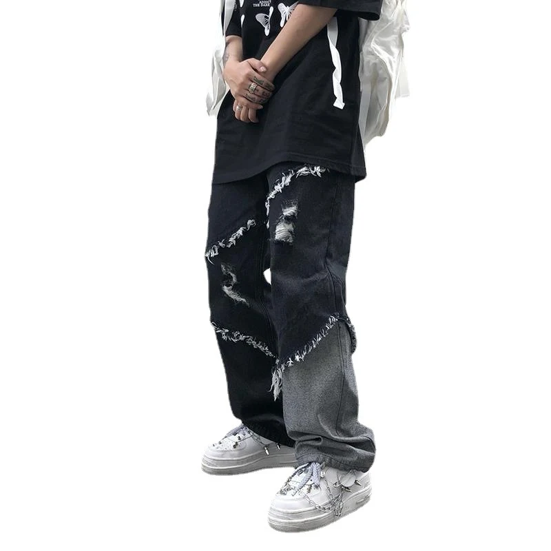 Title 6, Tassel Denim Pants for Men Trendy Cool Loose Ra...