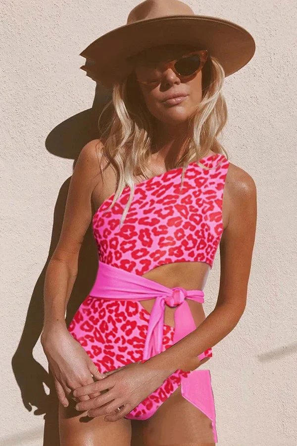 Title 7, One-shoulder Plain Swimsuit Leopard Print Swimsuit