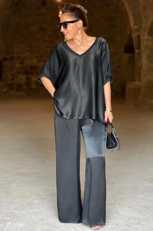 Title 3, Casual V-neck Short Sleeve Wide Leg Pants Suit