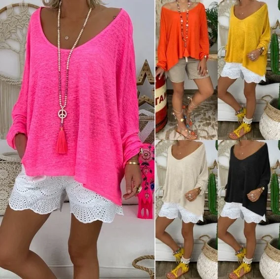 Abbigliamento da donna europeo e americano Tinta unita Taglie forti T-shirt versatile a maniche lunghe allentata — foto 18