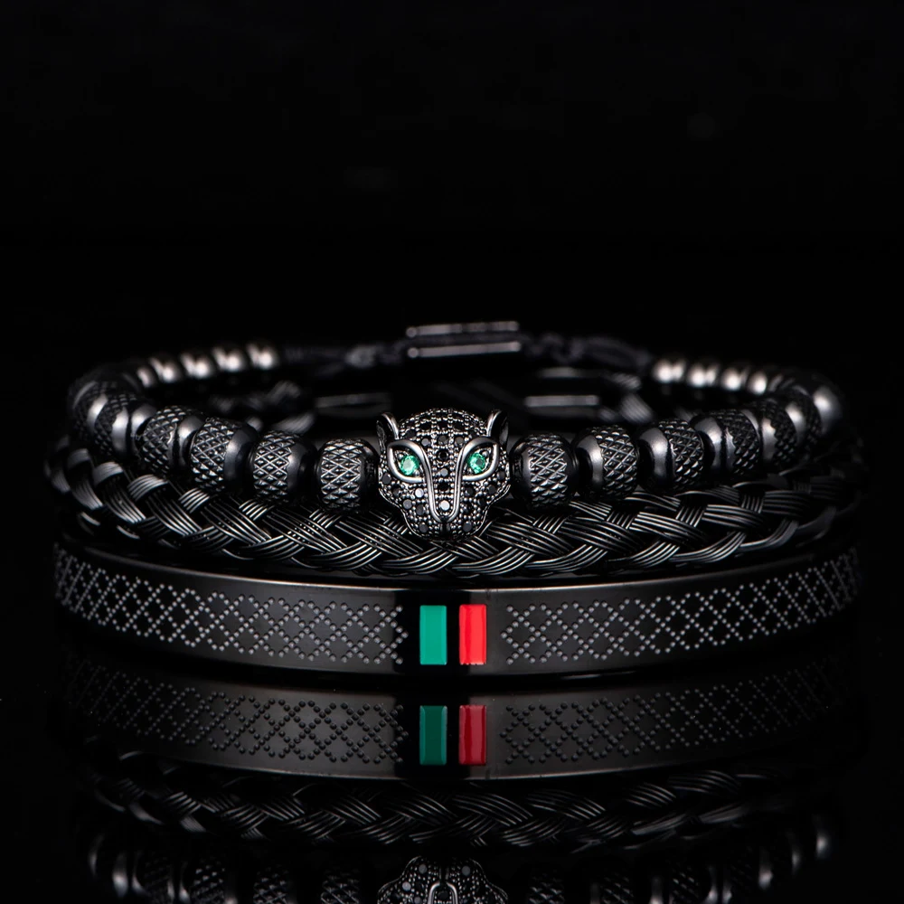 Conjunto de pulseira com cabeça de leopardo microincrustada em aço inoxidável. Adicione um toque selvagem e sofisticado ao seu visual diário. — foto 13