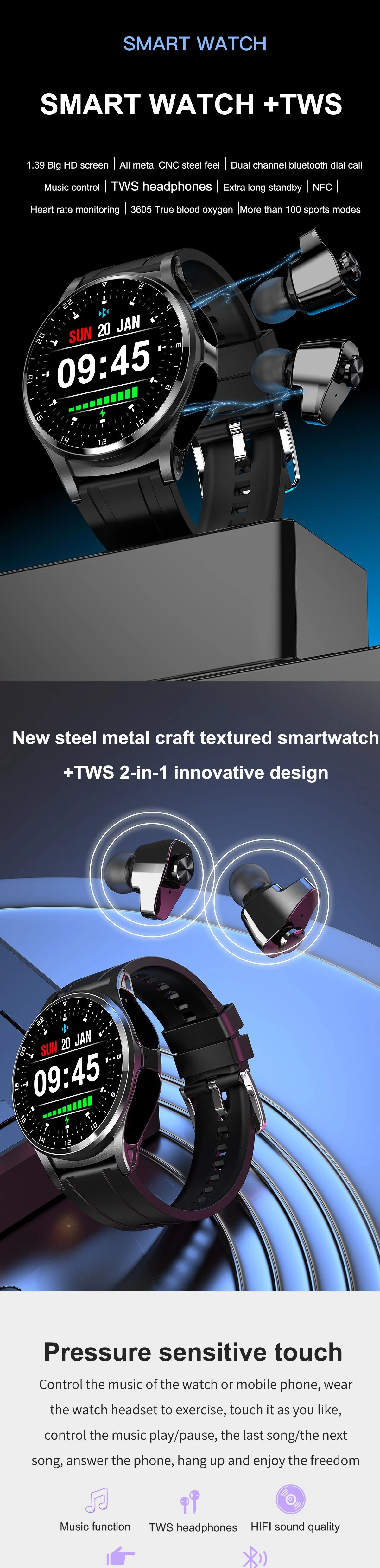 Smartwatch GT66 2 em 1 TWS Bluetooth com Chamadas HD. Faça e receba chamadas com áudio de alta definição e fones sem fio integrados. — foto 21