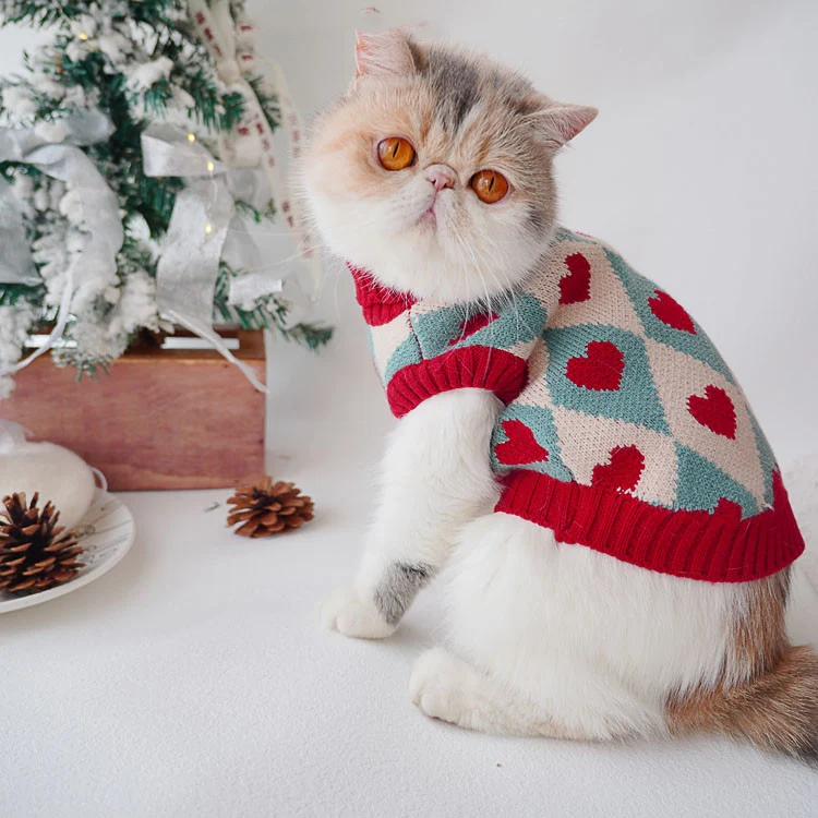 Title 4, Christmas Rhombus Love Sweater Cat Clothes Fest...