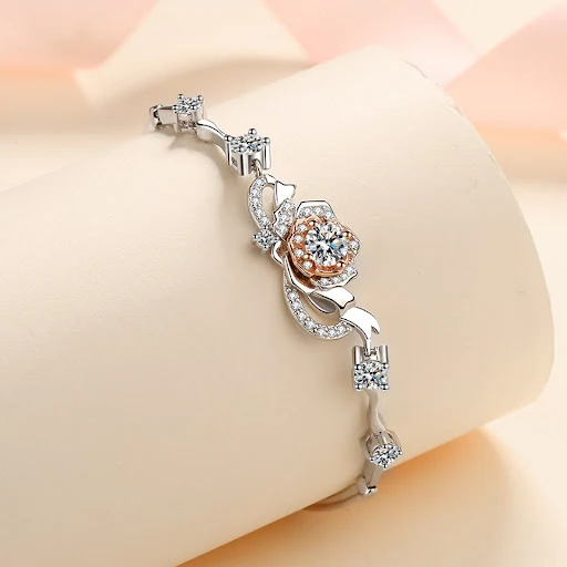 Title 3, Pulseira de rosa feminina S925 prata com moissa...