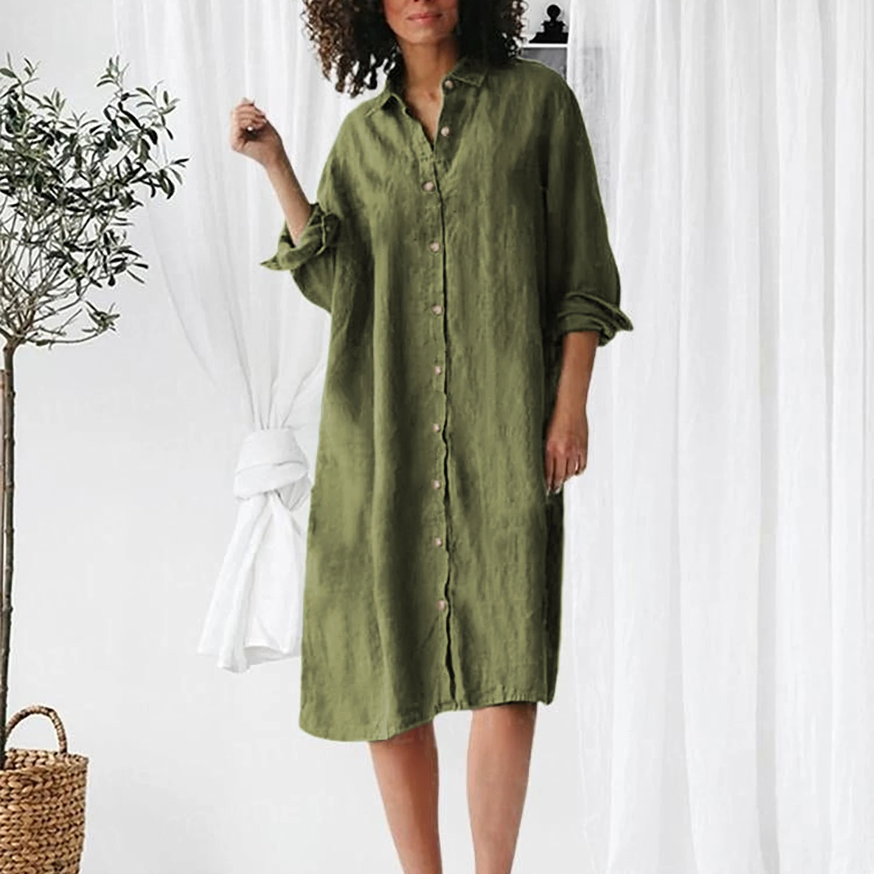 Title 2, Long Sleeve Lapel Button Shirt Mid-length Dress