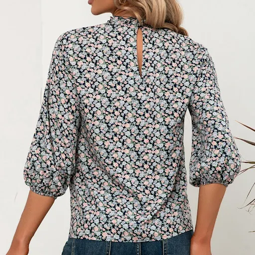 Title 4, High Neck Ruffle Sleeve Floral Sleeve Shirt Top