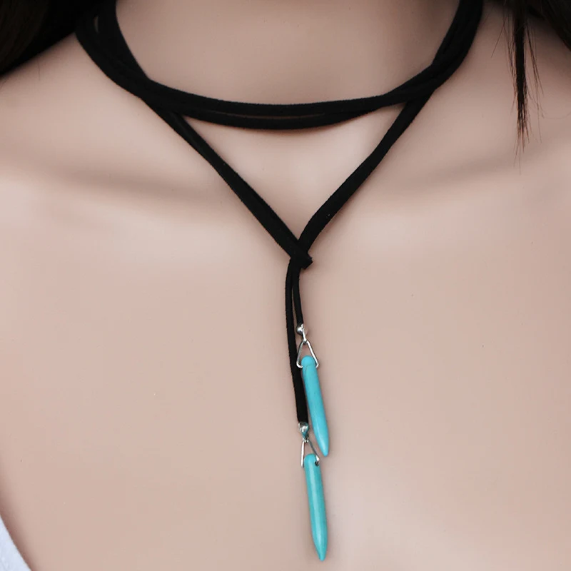 Colar longo de veludo coreano estilo boêmio com pingente de turquesa natural, corrente para suéter, acessório elegante e charmoso. — foto 3