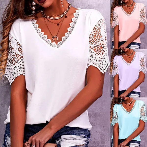 Kanten tops Dames Zomer Losse V-hals Casual shirts met korte mouwen — foto 1