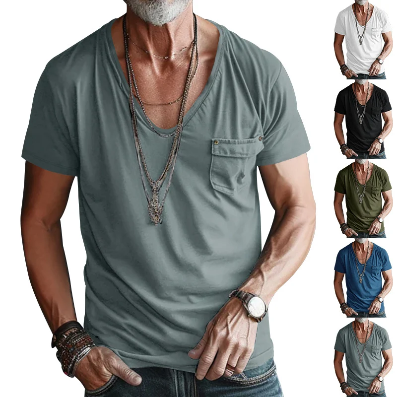 Men's Pocket T-shirt Cross V-neck Solid Color Plus Size Casual Short Sleeve for everyday comfort and style — photo 35