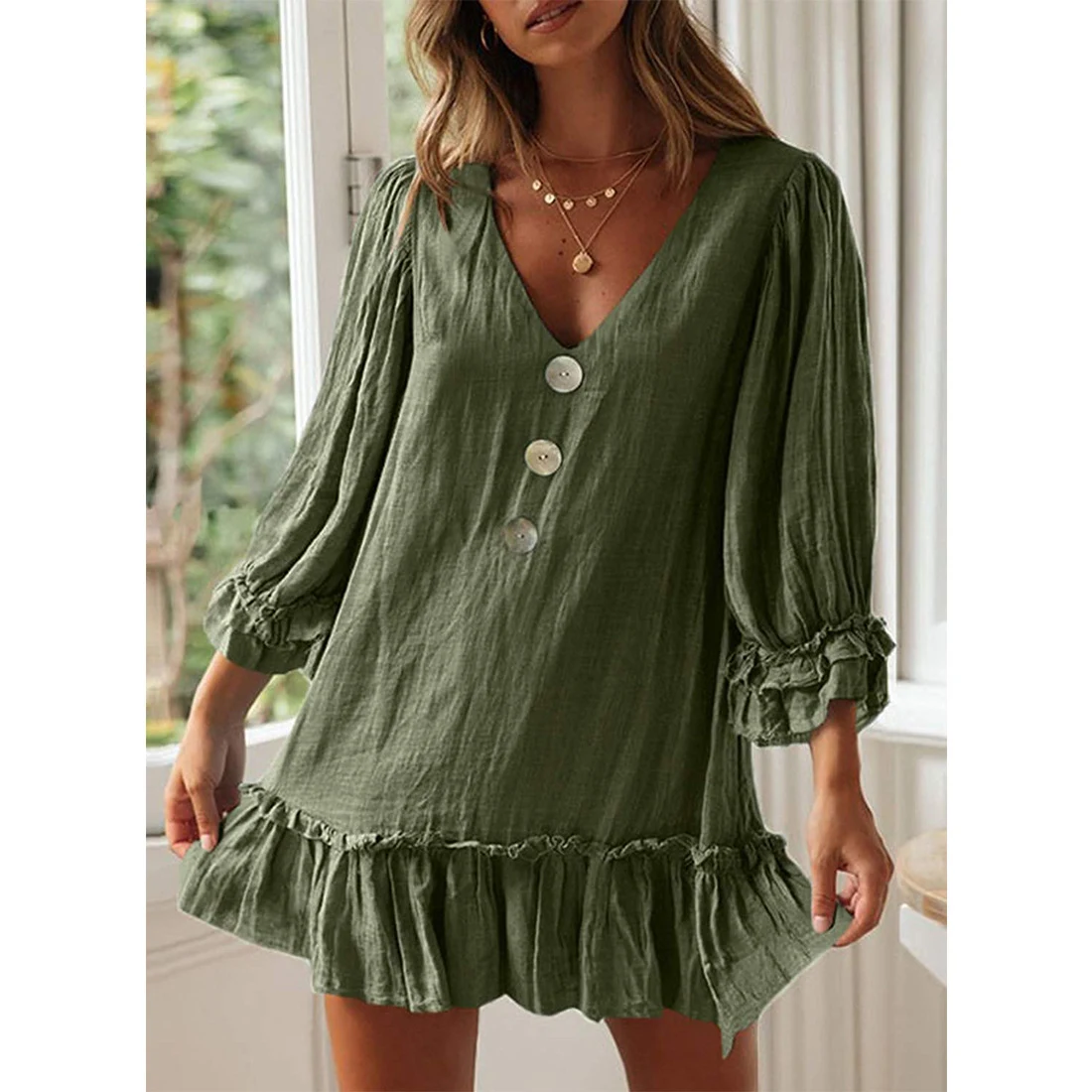 Women's Fashion Loose-fitting Long Sleeves Ruffled Hem Cotton Linen Dress — photo 3