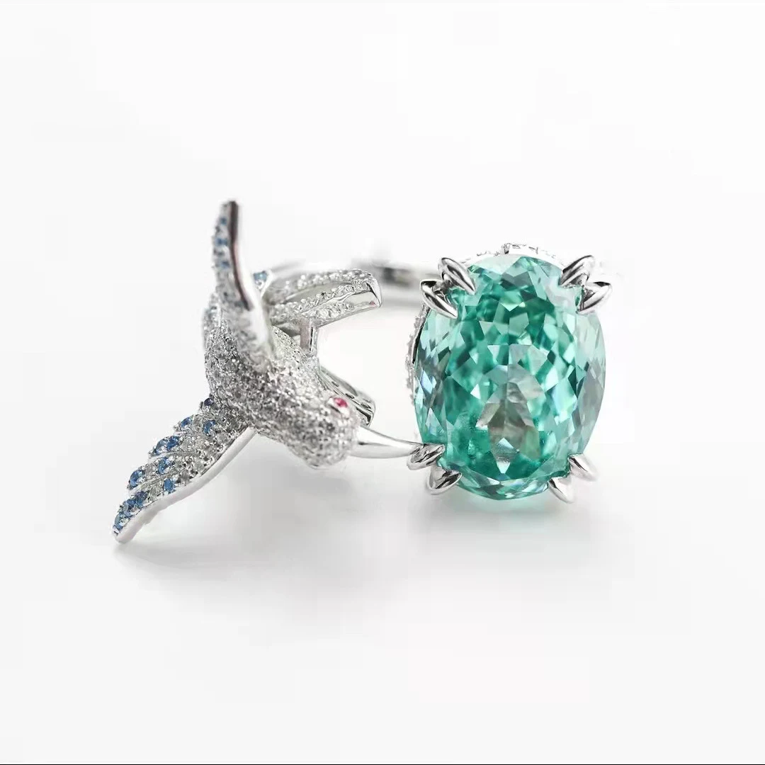 Anel de pássaro diamante pavão verde em pintura a óleo, elegância e sofisticação em uma joia exclusiva. Perfeito para presentes memoráveis. — foto 3