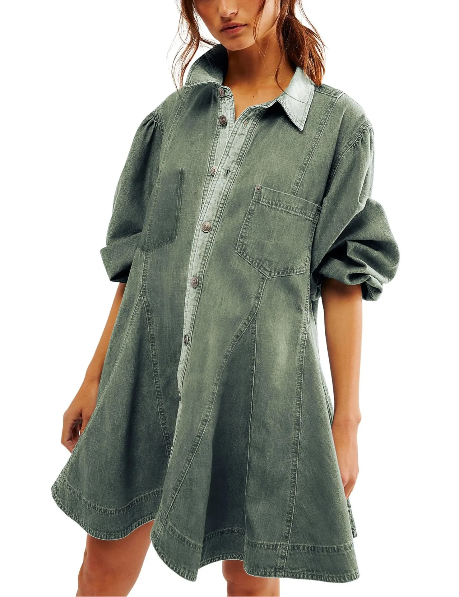 Title 8, Womens Long Lantern Sleeve Button Denim Dress
