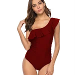 Women's Single Shoulder Lotus Leaf Edge Solid Color Swimsuit, offering a stylish and comfortable fit for the beach or po — photo 4