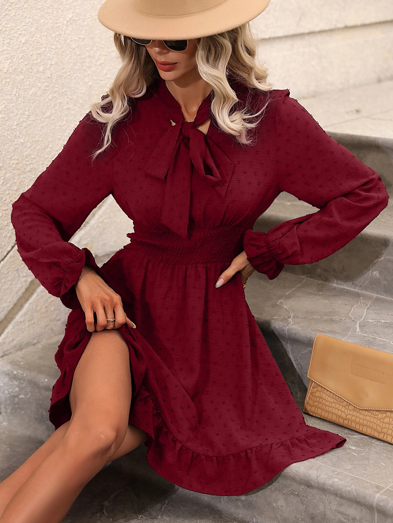 Title 13, Tight Waist Solid Color Bow Tie Long Sleeve Dress