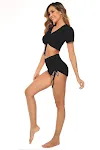 Conjunto de yoga de manga curta com jacquard e cordão, ideal para yoga e exercícios. Conforto e estilo para suas práticas diárias. — foto 4